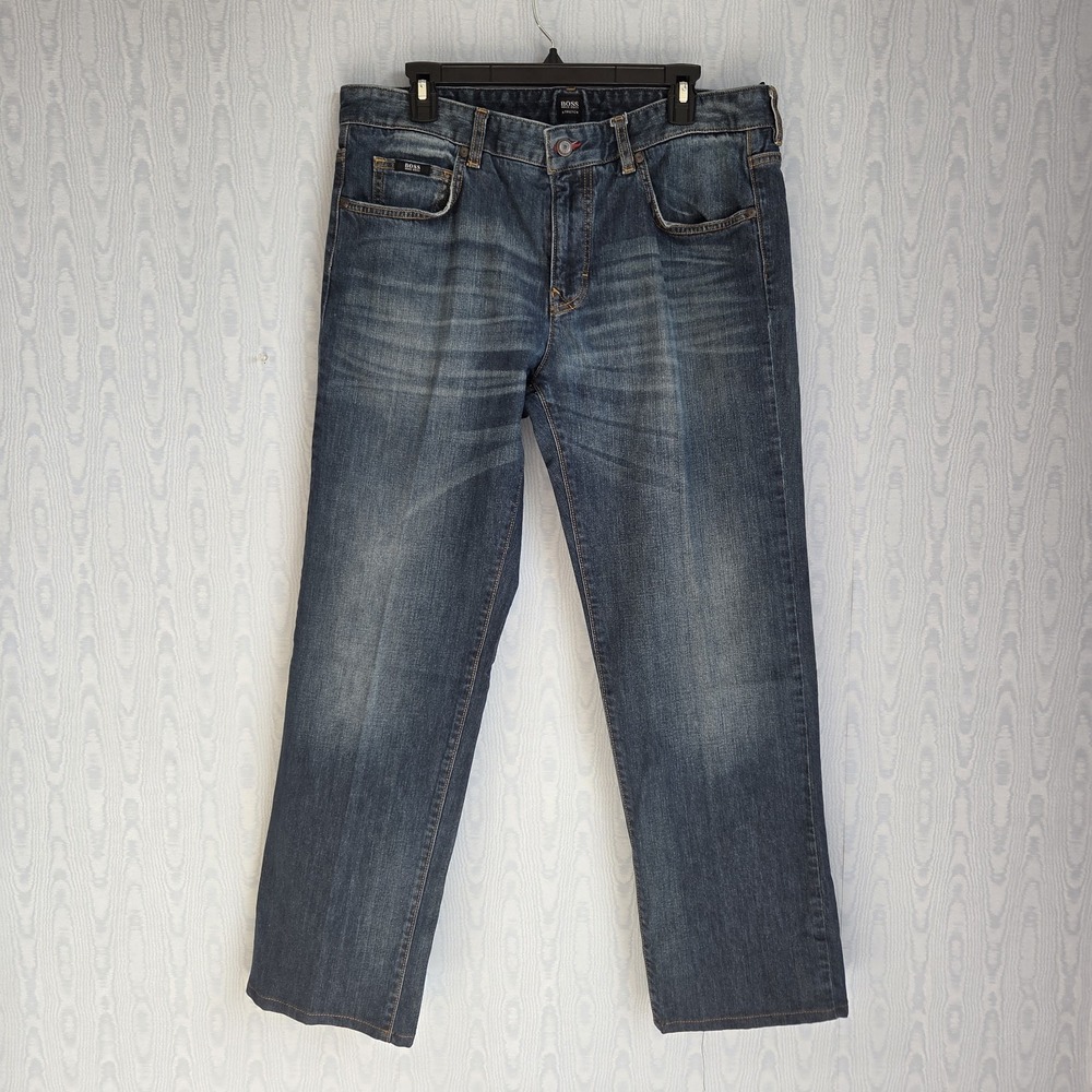 Hugo Boss Mens 36x32 Kansas Fit Jeans Straight Regular Mid‎ Wash Stretch Denim
